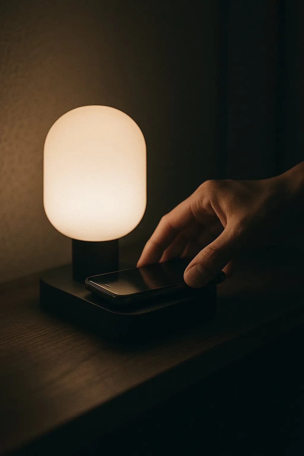 台座にスマホをそっと重ねる手元
